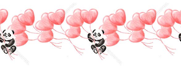 Panda flying on heart-shaped balloons watercolor seamless border for kids theme. Hand drawn isolated festive banner for