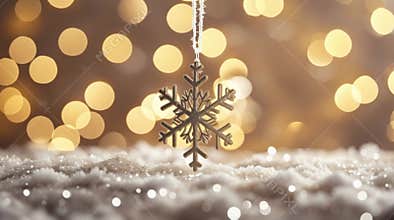 Single Elegant Snowflake with Sparkling Details on Warm Golden Bokeh Background