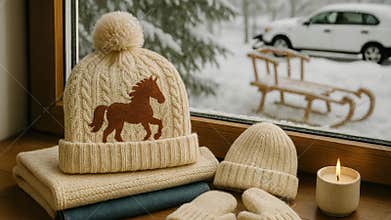 Cozy Winter Essentials: A Stylish Collection of Knitted Hats, Mittens, and Soft Fabrics