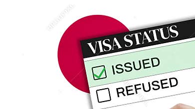 Visa Status Document with 'Issued' Checkmark and Japanese Flag Background Representing International Travel Approval