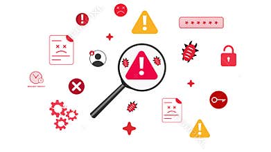 Magnifying Glass Focusing on Red Warning Triangle Surrounded by Malware, Error, and Security Alert Icons