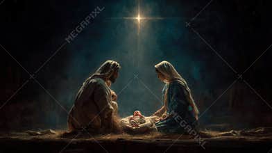 Mary, joseph kneeling beside newborn jesus, soft divine light illuminating dark stable, traditional christmas nativity scene