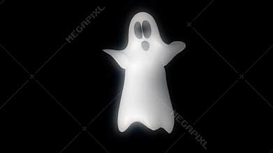 Animated white ghost character dancing on black background with glowing ethereal effect. Spooky spirit figure moving rhythmically