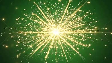 On a vibrant green background, explode glowing light particles shimmer and scatter, creating a radiant and Generative AI