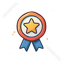 Cartoon style star medal with blue ribbons representing top quality achievement and success