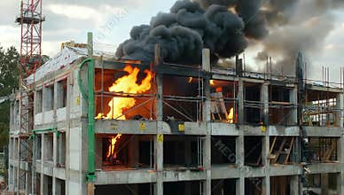 Building under construction engulfed in flames with thick black smoke billowing into the sky during a daytime incident
