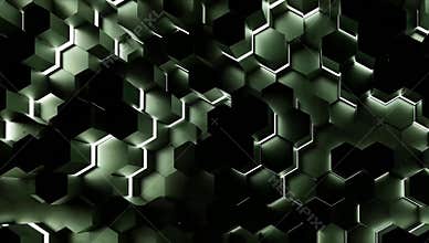 Abstract dark green hexagonal pattern with glowing edges creates a modern and futuristic background for technology and design