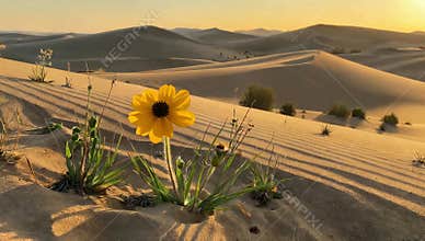 Vibrant yellow flower blooms in a serene desert landscape with rolling sand dunes under a warm golden sunset light