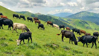 Herd of cows grazing peacefully on a lush green hillside with mountains and a cloudy sky in the background on a sunny day
