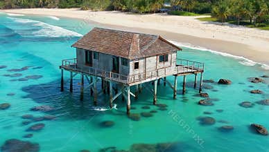 Tropical beach house on stilts over turquoise ocean water with white sand and palm trees creates a serene vacation getaway scene