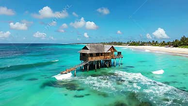 Tropical beach house on stilts over turquoise ocean water with white sand and palm trees creates a serene vacation getaway scene