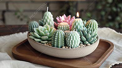 A Lush Arrangement of Small Green Succulent Cacti in a Ceramic Bowl