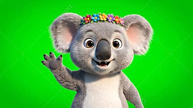 Enchanting Koala Waving its Hand Adorned with a Vibrant Floral Crown Standing on a Bright Green Screen Backdrop Detailed 3D Render