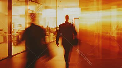 Blurred Businessmen Walking Down Long Hallway in Office Building