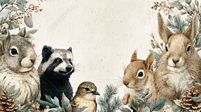 Wild animals gather in a forest setting surrounded by pine cones and foliage during a serene autumn afternoon