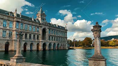 Palais du Rhin Strasbourg reflecting in the water under a blue sky with white clouds today