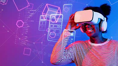 Enthusiastic user experiencing virtual reality technology with immersive graphics and digital interface elements in a