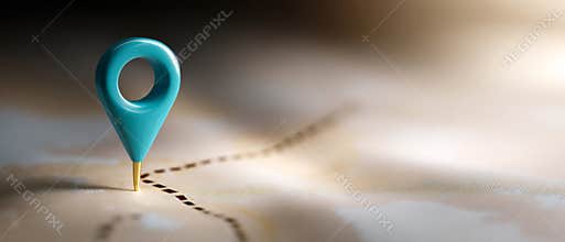 A blue pin is stuck into a map, marking the location of interest or destination on it