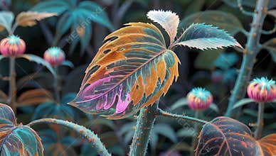 Colorful leaf and flowers in a surreal botanical garden with vibrant hues and fantasy elements