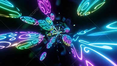 Abstract neon light art with vibrant colors and swirling patterns on a dark background design