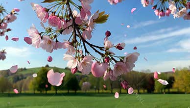 Delicate pink cherry blossoms bloom against a vibrant blue sky with falling petals in spring