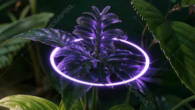 Glowing neon ring encircles a vibrant purple plant in a lush botanical garden setting today