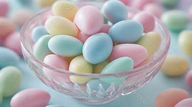 Pastel Candy Coated Almonds In Clear Glass Bowl On Light Blue Surface