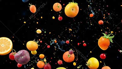 Assorted fruits and berries floating in midair with colorful splashes on a black background