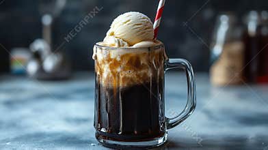 Root Beer Float With Vanilla Ice Cream Served in a Mug