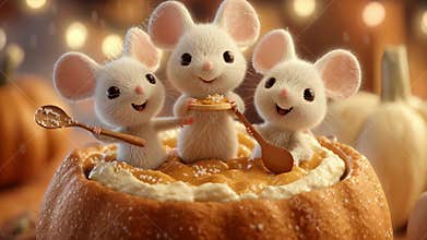 Three Charming Mice Celebrate Autumn with Sweet Treats, Smiles, and Warmth in a Festive Kitchen Filled with Cozy Decorations and
