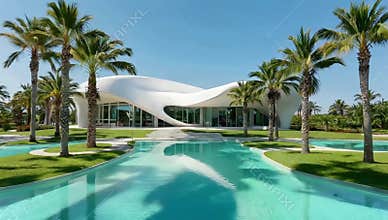 Modern architecture showcases a unique white building with pool and palm trees under blue sky