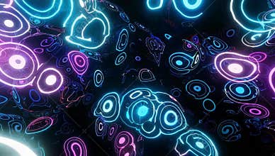Abstract neon circles glow with vibrant colors creating a futuristic digital landscape