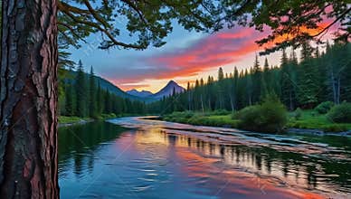 Serene river flows through a lush forest at sunset with mountains in the distance view
