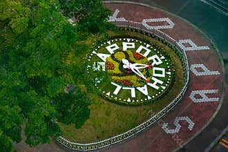 An aerial, high-angle view of the iconic flower clock in Odori Park, Sapporo, Japan.