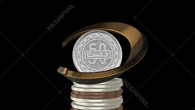 Stacked pile of Bahrain 50 fils coins rising upward with one coin displayed on top, representing financial growth and wealth