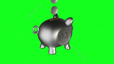 Silver piggy bank with Bahrain 50 fils coin dropping inside, isolated on green screen for savings or investment themes
