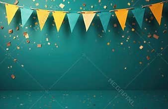 Colorful bunting with confetti on teal background. Triangular flags in yellow, green hang from rope. Gold confetti pieces fall