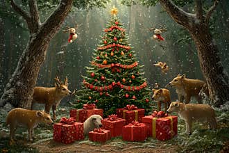 Magic of Christmas in a forest surrounded by joyful animals and gifts