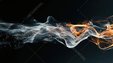 Abstract Flowing of White and Orange Smoke With Small Golden Particles on Dark Background