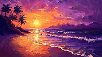 Tropical Beach Sunset Painting Shows Colourful Sky and Ocean Waves