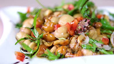 Step by step Serving marinated mushrooms cooking process. salad with mushrooms arugula, olive oil, pickled onions