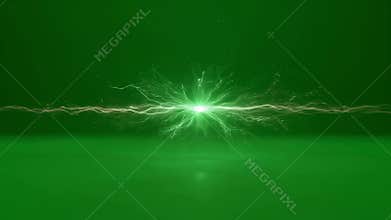 Artistic visualization on green screen of paired photons dynamically splitting into two opposite beams showcasing