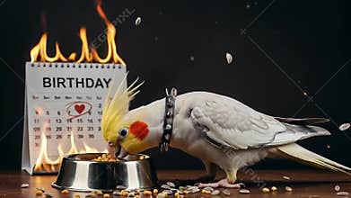 Punk Cockatiel Birthday Chaos - 4K Surreal Pet Humor for Edgy Visuals & Art Projects
