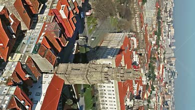 Aerial view of Torre dos Clerigos tower in Porto