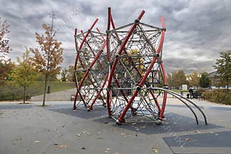 Modern rope climbing structure in autumn park