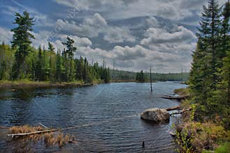 Landscape of a lake in a forest in the Laurentians with surrounding trees
