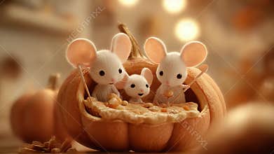Charming scene of three adorable mice enjoying pumpkin treats together in a cozy autumn setting, creating a heartwarming