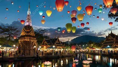 Floating lanterns illuminate a Thai temple at night during a traditional festival event
