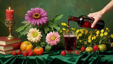 Elegant still life featuring wine being poured among flowers fruits and a lit candle