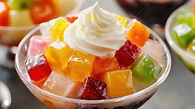 Colorful Asian Agar Agar Dessert With Whipped Cream Topping